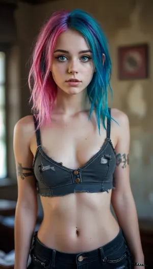 petite student, rainbow hair, Sex, Erotica, ripped revealing clothes, goth, Small tits, full body view, Tinymodel, young, pretty young, 18 years old, perfect face, blue eyes, cute, closeup, petite body, smokey eyes, full body photo, beautiful face, fluxenh4nce, <lora:MJ52:.3>, <lora:FLUXEnh4nce:.8>