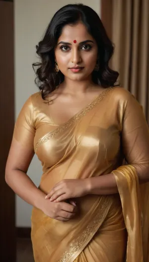A photographer's muse, looking into the camera lens. She sees the world in a special way, catching moments that elude others. She is 40 yo oversized curvy indian woman beautiful wearing modern golden copper saree see-through transparent blouse that emphasize her individuality. Realism, bright light, contrasting colors, YJ, <lora:jing:.5>