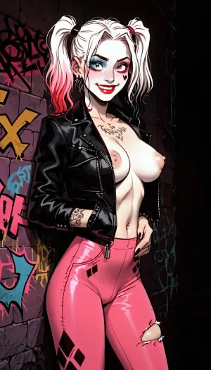 8k, score_9, score_8_up, score_7_up, melkor mancin meets Incase style, Harley Quinn emo girl, tattoos, thick puffy nipples, skinny body with big breasts, standing, near wall, contrapposto, shy smile, confused, ripped apart pink leggings with black stripes, leather jacket, graffiti, concrete, ratatatat74, cute, doodle, <lora:ratatatat74-000050:.8>, <lora:cutedoodle_XL-000012:.8>, <lora:NEOTOKIOXL_0.2_RC:.8>