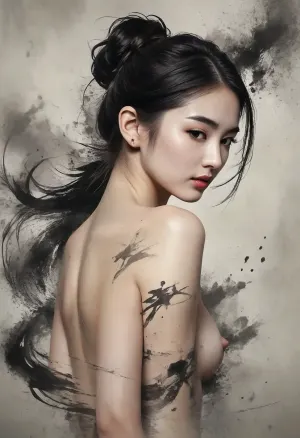 A stunningly beautiful Japanese woman in a dynamic and elegant pose, black hair styled into traditional Japanese bun, (Japanese ink wash), swirls of black calligraphy ink and expressive splatters surround the body, (nude), (pretty face:1.8), (perfect nose:1.8), slender body, perfect legs, fair skin, (full body portrait), <lora:Midjourney Image Enhancer XL v1:.8>