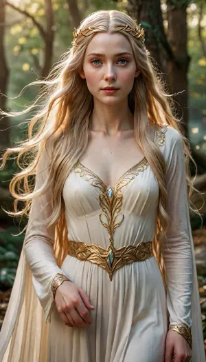 FILM PHOTOGRAPHY STYLE, galadriel from lord of the rings, waist shot, mysterious aura, tall, majestic, beautiful elf, long, golden hair with silver sheen, beauty like a morning, eyes shining brightly, profound eyes, wearing white clothing, long flowing hair, golden hair with a silver sheen, powerful presence, eyes keen and starlike, eyes filled with deep wisdom and memory, full body view, <lora:detailed_notrigger:2>, <lora:add-detail-xl:.8>, <lora:LCMTurboMix_Euler_A_fix:.8>, <lora:677862_training_data:.8>