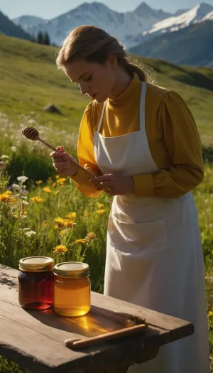A hyper-realistic photograph of a beautiful female beekeeper, representative of alpine meadow residents, conducting a honey tasting in a lush alpine meadow. She wears traditional alpine attire and stands beside a rustic wooden table with jars of golden honey and tasting spoons. The meadow is filled with colorful wildflowers, rolling green hills, and snow-capped mountains in the distance. Captured at golden hour, with warm, soft sunlight casting long shadows and a gentle glow across the landscape. Shot with a DSLR using a 50mm prime lens, shallow depth of field, cinematic composition, ultra-high detail, natural color grading, and bokeh in the background for added realism.