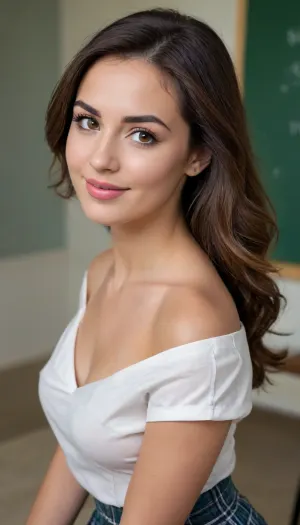 The face follows a harmonious oval shape with balanced horizontal and vertical symmetry. High cheekbones create natural contouring, while the forehead occupies one-third of the facial height. Eyes are set exactly one eye-width apart, almond-shaped, and framed by symmetrical eyebrows that follow the orbital bone structure. The nose width matches the distance between the inner eye corners, and the philtrum, (nose-to-lip distance), measures 1.0–1.2 cm. Lips adhere to the golden ratio—the lower lip 1.6 times fuller than the upper. The jawline angles at 120–130 degrees, and the face divides into three equal vertical zones, hairline to brows, brows to nose base, and nose base to chin.
The body stands at a proportional 7.5–8 head-heights. Shoulders are slightly wider than hips, (by 2–3 cm), with a waist-to-hip ratio of 0.7—typically a 60–90 cm difference. Legs compose 51–53% of total height. The neck circumference equals twice the wrist circumference. Muscle tone is refined yet defined, a natural spinal curve postured elegantly, a toned abdominal core, and limbs that are slender but strong. Movements are fluid—feet align straight when walking, arms swing naturally, and the neck turns gracefully. Every curve follows the golden ratio, blending mathematical precision with organic grace.
Possessing striking facial features with perfect symmetry.Flawless skin, piercing gaze, and a natural smile capable of conveying a full spectrum of emotions, from subtle mystery to open joy. Graceful posture and fluid movements create an aura of ease and confidence in every frame. A master of transformation, able to shift from delicate romance to bold modernity in seconds. Demonstrates an innate understanding of light and space, working effortlessly with any angle. Executes photographers' and stylists' visions with mathematical precision while maintaining creative vitality. Differently very sexy position bent over., (masterpiece, best quality, detailed face, detailed eyes, high resolution:1.1), (cute tall tall:1), (beautiful face:1.1), (beautiful eyes, illustration, 8k:1.1), class, 30 yo adult student shows her beautiful big round ass with skirt lifted, looks directly into the eyes of the viewer, A beautiful adult student in college uniform on table, empty class, white, ((satin blouse and plaid skirt)), blackboard, thin, [[small petite ass]], thin hips, long dark wavy hair, perfect body, small ass, penis, is, getting, fucked, by, man, doggystyle