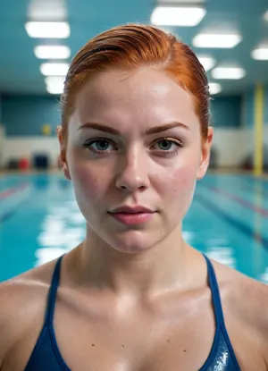 Young woman athlete swimmer chubby.30 year old woman.
Red-haired, short haircut.Wet body, wet hair.An empty sports pool. Big, very strong big shoulders.Very strong forearms.Large saggy postpartum boobs with large nipples and large reddish areolas.A broad-shouldered swimmer.A very powerfui strong body. An very evil angry look at me from under his brows.Big-mouthed, big-lipped.Smirk.A contemptuous, arrogant look, full of hatred.