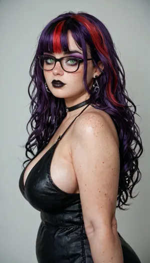 sexy goth woman, 18 years old, long hair and bangs, purple hair with red highlights, freckles, glasses, green eyes, British, eyeliner, mascara, purple eyeshadow, black lipstick, chubby, large breasts, black dress