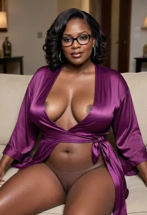 Photorealistic POV image of a beautiful 55-year-old mature dark skin ebony black African woman with a plump, curvy figure and deep, naturally hanging cleavage, (full subject description implied), full makeup, glasses. Cropped mid-thigh up, she sits on the couch with her legs crossed, facing the viewer with an open posture. She wears an open and untied deep plum silk robe, elegantly flowing around her full figure. Her expression is one of strong sexual yearning, her eyes locked with the viewer's in a deep, intimate gaze. Soft, diffused studio lighting.