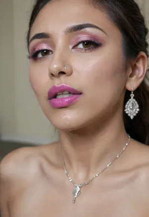 Indian sexy beautiful mature woman 18 years old, (high-quality facial detailing with long eyelashes and plump lips), (Indian face:1.9), stylish, sensual, curvy, in a transparent tight-fitting sequined dress, (big tits), she has shiny maroon-pink lipstick, (pink-purple areoles are visible, nipples with piercings), an exquisite necklace and gold bracelets, she has long hair tied up in a bun, nipple ringsnipple, nipple ringsnipple rings, pussy view, slit pussy, slender long legs with a high waist, fishnet stockings, green stilettos, seductive grins, dark skin., CUM, DONATION, ASSISTANCE, FELLATIO, TITS, SEX, HANDJOB, FOOTJOB, AFTER, VAGINAL, woman, cum, on, face, artoflips, uoclips, lips, lipstick, art, of, Winter, Waterfall, <lora:CUM DONATION ASSISTANCE:2>, <lora:JustCum:1.3>, <lora:Art_Of_Lips_PONY_XL_By_UOC:1>, <lora:Winter Waterfall:1.4>