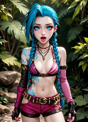 (masterpiece, best quality:1.2), ((solo)), bikini slipped, skinny, intricate details, jinx \, (league of legends\), 1girl, twin braids, single elbow glove, short shorts, bikini top only, necklace, belt, bullet, fingerless gloves, <lora:jinx_default_lol-000021:1>, chibi, kawaii, <lora:body_size_control_v1.0:2>, ahegao, <lora:ahegao_v0.3:1>, (<lora:3D XL:1.4>)