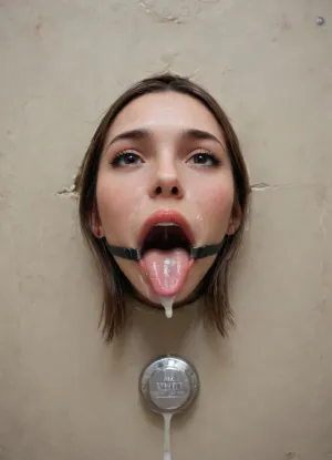 (futuristic space station:1.1), (top view:1.4), ((lower body hidden in a silver bdsm machine:1.7)), ((sticking through the wall:1.7)), (mouth sticking out of a comfortable bdsm machine:1.7), (only mouth visible:1.7), ., (gag with a wide mouth expander ring:1.7), (focus on the very wide open mouth:1.7), (happy:1.7), (thin false red lips:1.6), (rounded tongue at the end:1.5), (light pink flat wide tongue:1.6), ((very long tone:1.7)), (lots of liquid cum in mouth:1.5), (white teeth:1.2), (cum on face:1.3), (backlight, directed at the throat:1.4), free use, (sperm everywhere, near the head:1.1), (sexuality:1.4), (very satisfied), (large colored inscriptions on the wall), (perfect composition of light and shadows:1.1), (tip of tongue clamped in a clamp:1.5), (masterpiece:1.3), professional color photography, ray tracing, high resolution, zavy-hlbckdrp, hole, through, foreground, <lora:zavy-hlbckdrp-sdxl:.8>
