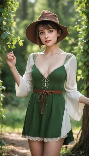 Realistic photography, Fantasy, magical, medieval, solo, 1girl, mage, mage robe, short dress, mage hat, short hair, round face, big bright eyes, broad shoulder, deep collarbone, squeezed cleavage, slim waist, calm, alluring, detail background, backlight, green nature magic circle, vines, leaf, tree, <lora:EnvyCuteSliderXL01:2>