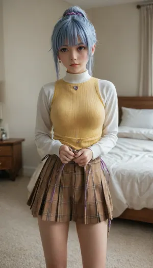 (kurono kurumu from rosario+vampire), ((wearing a yellow sleeveless sweater, white long sleeve shirt, brown plaid pleated skirt, beautiful, medium breasts, short hair, light blue hair, front bangs, long side bangs, purple ribbon tying a ponytail, purple eyes, sexy legs, in a bedroom, standing near a bed))