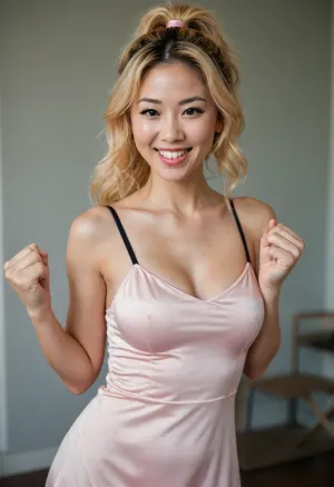 Japanese woman, milf, cheerful, long wavy orange/blonde hair in a high ponytail, long pale pinkish/white spaghetti strap sundress with a black bra underneath, smiling widely, playful expression, her right arm is raised high in a fist pump gesture, her left hand rests on her hip