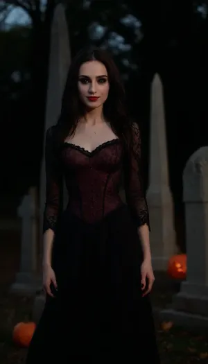 Dim cinematic moody lighting, professional photo, highly detailed, horror, 4k, canon dslr, 3/4 view, beautiful sexy very slender 33 year old woman, (leaning against a stone obelisk in a Gothic cemetery), elegant black Victorian gown adorned with red lace, (hoopdress), (eerie tilted smile:1.5), firelight, pale ghostly skin, long black hair, gothic makeup, black lipstick, model pose, shallow depth of field, (Background, Halloween, outdoors, glowing jack-o-lanterns, moonlight, autumn), ((spiderwebs, cobwebs)), flat chested, lewaru, (black sclera eyes:1.5), <lora:flat_chested_v3.5:.8>, <lora:add-detail-xl:1.3>, <lora:LeanWithArmUp.1.0:1.3>, <lora:bab4d033-acad-4a4e-b6fa-5dda2bad3471.TA_trained:1.7>, <lora:black sclera:2>