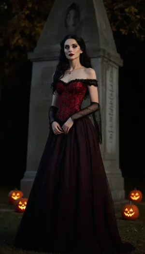 Dim cinematic moody lighting, professional photo, highly detailed, horror, 4k, canon dslr, 3/4 view, beautiful sexy very slender 33 year old woman, (leaning against a stone obelisk in a Gothic cemetery), elegant black Victorian gown adorned with red lace, (hoopdress), (eerie tilted smile), firelight, pale ghostly skin, long black hair, gothic makeup, black lipstick, model pose, shallow depth of field, (Background, Halloween, outdoors, glowing jack-o-lanterns, moonlight, autumn), ((spiderwebs, cobwebs)), flat chested, lewaru, <lora:flat_chested_v3.5:.8>, <lora:add-detail-xl:1.3>, <lora:LeanWithArmUp.1.0:1.3>, <lora:bab4d033-acad-4a4e-b6fa-5dda2bad3471.TA_trained:1.7>