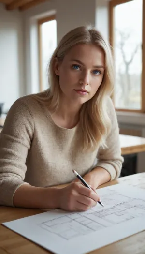 A hyper-realistic photograph of a beautiful Scandinavian female interior designer in her mid-30s, with fair skin, blue eyes, and light blonde hair, seated at a natural oak table. She is sketching a minimalist living room floor plan with one hand while soft winter light streams through tall windows behind her, her other arm is under the table unseen. Shot with a DSLR using a 50mm prime lens, shallow depth of field, cinematic composition, ultra-high detail, natural color grading, and bokeh in the background for added realism. The focus is on her expression of calm concentration, with the blurred Scandinavian interior softly framing her presence.