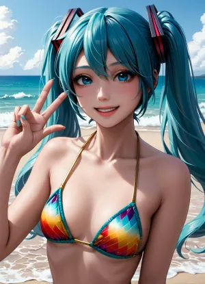 woman, best quality, masterpiece, ((Hatsune Miku)), detailed blue eyes, (blue hair), twintails, ((beach)), (gold bikini), (flatchest:1), (areolaee slip), (half-closed eyes), sand, ocean, waves, peace, gyaru smile, happy, thick eyelashes, (evening), ((short height:1)), (<lora:3D XL:1.5>)