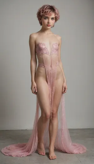 full-length-portrait, sexy feminine 18 year old male in feminine clothes with makeup, short pink pixie hair, flat chest.