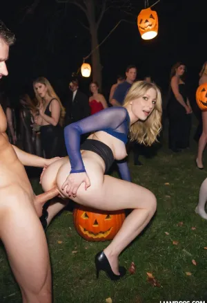 Costumed young man having sex with MILF amid crowded graveyard, MILf has small figure with small sagging breasts, long dark blonde hair, tight Halloween costume, young Man has halloween costume, (Intense intercourse in varying positions, vaginal sex, or lifted—surrounded by dancing guests, doggy sex, hardcore sex), Background is a dark graveyard, lanterns, cobwebs, streamers, fog, costumed crowd pressing close and watching, 1990s amateur style, grainy, soft focus, washed-out colors, film grain, Wide-angle, dimmed party lighting, detailed fabrics/expressions, realistic anatomy, realistic eyes, distance shot, side view.