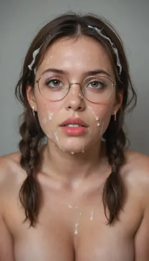 (Realism, photorealism, ultra realistic, 8k, UHD, high quality, cinematic), 30 yo cut brunette girl, pigtails hair, chubby body, small natural tits, (realistic face), round glasses, (disgusted expression:1), cute fave, brown eyes, nude body, perky tits, fat body, massive bukkake, (bukkake, 1), face covered white cum, ejaculation penis, cum on, cum flows, dripping cum, cum on face, cum on hair, a lot of cum, massive cum loads, excessive cum on face, face up, open mouth, (((Lots of cum in hair)))