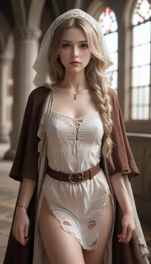 Best quality, masterpiece, high resolution, 8k wallpaper, high quality UHD, high detail 8K, perfect lighting, best shadow, best frame, dark theme.

Blonde thick lush hair, pulled back in a simple braid, a few strands pulled out to frame her wide cheekbones, nose slightly upturned, lips nicely plump.

European MILF, mature woman 40 years old, MILF figure, muscular build, tall toned build, long slender legs.

Huge tits, flat chest, gigantic dark nipples.

Thick huge ass, round curvy buttocks, toned thighs, curvy lower body, slim waist.

A woman is a medieval witch, in a dark old room of a castle

Description of the clothing of a medieval "witch"

Clothing, Dress, Worn, dark in color, (often gray, brown or black, due to the cheapness of the dyes), . The dress is long, with wide sleeves, roughly sewn from homespun linen or wool.

Apron, Always with her, dirty, torn, with stains from herbs or animal blood, (in the case of healers or midwives), .

Cape or cloak, Old, made of woolen fabric, often with a hood. In the cold season, the main protection from the cold. Sometimes a talisman or amulet is sewn in.

Belt, Made of rope or leather, to which a bag of herbs, a knife or other "witch" items could be tied.

Head, Hair was rarely covered—often loose, (a sign of "uncleanness"), disheveled, or tangled. If there was a headscarf, it was an old, dark-colored one., venusbody