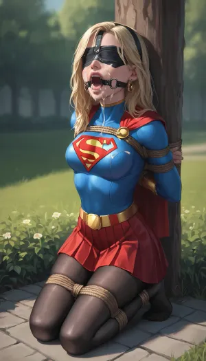 Supergirl, blindfolded, fully clothed, 1girl, tied, tied arms, tied legs, red skirt, black pantyhose, solo, kneeling, cum on face, full body, outdoor, ring gag, open mouth gag