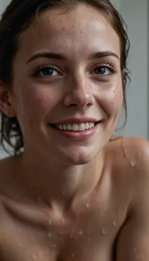 holding breasts, ultra-realistic, 8k resolution, ultra-detailed, Instagram model, just out of the shower, open the shower door, wet skin, water droplets, wipe hair, dark hair color, nude, medium breasts, smile, Nordic, playful, freckles on the face, slim figure, athletic figure, lifelike face, real face, real vagina, ((submissive)), ((lovely)), ((in very sexual erotic pose)), brown short hair, short ponytail, full body, (full body view), (prominent feet), (perfect detailed toes), (high detailed legs), (high detailed hands), ((very much want have sex)), ((high detailed pores on skin)), well-build body, medium tits, small lips, lots of freckles face and skin, blush on the checks and nose, ((raised nasal tip, upturned button nose, upturned nose, delicate nose, nose)), hypnotized loving grey eyes, brown wild wet hair with sidelocks, very sexy smile