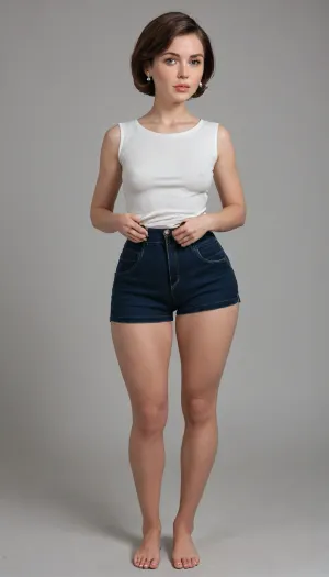 helen parr, mom, married, wife, natural, (wide hips:1.5), (hourglass figure), saggy, ptosis, beautiful face, tan skin, horny expression, wearing, (red, very high waist shorts, plain sleeveless v-neck white t-shirt tucked in), full body view, full waist, (plump pelvis, bulging pubic mound, plump pubis), full lips, plump lips, striking beautiful big eyes, captivating blue eyes, eye contact, wearing a wedding ring on her left hand, braless, Wearing, clothes, that, make, sense, with, Braless>, <lora:bralessSDXL_v1_00022:.8>, <lora:Microwaist_XL_v01:.8>
