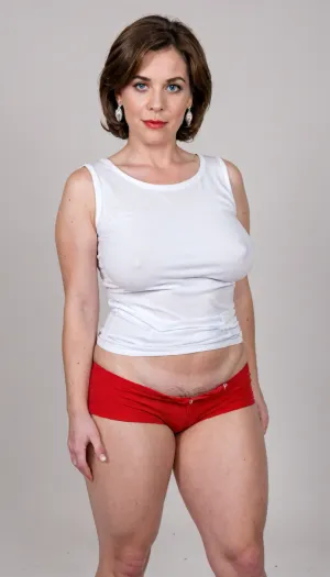 (mature:1.5), helen parr, mom, married, wife, natural, (wide hips:1.5), (hourglass figure), large saggy breasts, ptosis, long hair, beautiful face, tan skin, horny expression, wearing, (red very high waist shorts, plain sleeveless v-neck white t-shirt tucked in), full body view, full waist, (plump pelvis, bulging pubic mound, plump pubis), full lips, plump lips, striking beautiful big eyes, (captivating striking light blue eyes), eye contact, wearing a wedding ring on her left hand, braless
