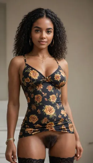 sexy black african woman, 3/4 body, (melanin:1.5), cute smile, (mini dress:1.5), flower print, (long straight black hair with side part:1.5), large natural breast, cleavage, much golden jewelery, hoop earrings, necklace, bracelets, lace stockings, (very hairy pussy:1.5), open vagina, densa vaginal hair, super detailed photography, high resolution, ultra detailed, extremely detailed view, (ultra detailed face:1.5), 4k, melanin, <lora:melanin-XL:.8>
