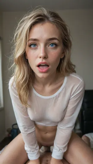 ((19yo fitness model girl on her knees)), ((skinny face)), ((long blonde messy after sex hair)), skinny, perfect body, perfect breasts, looking up at viewer, eye contact, (detailed face:1.3), with pokies, pokies, see-through top, long sleeves, surprised, austrian, big tits, vampire teeth, freckles, piercing eyes, messy updo, evil, demon, white cotton shirt, cuminmouth, AGGA_STH002, bright, ahegao, huge tits, color, straddling, pov, very messy hair, 1girl, hair, over, one, eye, <lora:facialized:.9>