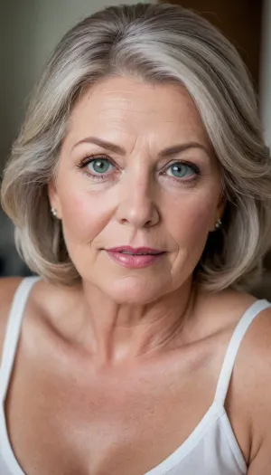 (gilf:1.5), Lubica stepaunt, Ultra realistic and life like upper body Portrait of a obese fat bbw 60 year old mature woman. She is wearing a white sleeveless top with a plunging neckline. She is not wearing a bra under her clothing and appears braless. Her bust is full, and her breasts are saggy. Mature face, and facial features, chubby face, round face. captivating eyes, striking beautiful eyes, detailed eyes, detailed skin, plump lips, juicy lips, pretty smile, lips parted, teeth showing, wrinkles. Her hair is parted on the side and frames her face softly. Her smile is genuine and friendly, with crinkles at the corners of her eyes, suggesting a joyful and confident nature. She is looking directly at the camera with a relaxed and approachable gaze.Her complexion is smooth and radiant. PHOTOREALISTIC, highly detailed, an exotic Eastern European and Mediterranean appearance. Her captivating light green eyes are expressive and warm, framed by subtle lines at the corners. Her full, plump, naturally colored lips are in a, big inviting smile. Her warm, natural complexion shows age-appropriate wrinkles and skin imperfections. Her multi-toned brown hair, with natural streaks of light brown and hints of silver or gray at the temples, is styled in soft waves. Her skin displays faint stretch marks, adding to her realistic mature beauty. Her posture is confident and relaxed, exuding inherent sensuality. The image should capture rich detail, emotional intimacy, and visual realism, showcasing her mature beauty and seductive body language. Shot on Canon EOS R5, 85mm f/1.2, studio lighting., ((high quality, 4k, realistic, high detailed, insanely detailed, real, best quality, ultra-detailed, fine detail, professional photography, taken with Canon EOS 5D Mark IV DSLR, aperture f/8, shutter speed 1/250 sec, ISO 100, highres, 8k wallpaper, cinematic lighting, masterpiece, heavily upvoted)), ((masterpiece)), high detail, complex details, OverallDetail, perfect lighting, professional realistic photo
