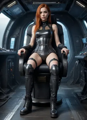A tall, thin, dirty, beautiful cyborg girl with an alien-like appearance, wearing a dirty, torn miniskirt, sits in an old black leather spring chair, a full-length starship, and a half-sideways pose, wearing combat boots and old, torn hyperpunk clothes, in the cockpit of a spaceship with a large screen overlooking space., cyborg, style, android, <lora:cyborg_style_xl-alpha:.8>