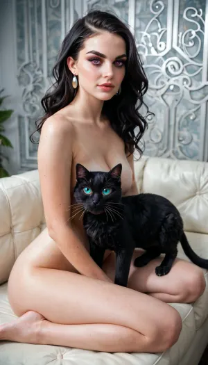 An 18-year-old white girl. Her dark hair falls straight around her shoulders. Her face is pale and porcelain-smooth. Long, straight dark hair frames it like a midnight veil. Thin, arched brows with two studs each hover over large, almond-shaped eyes—light irises rimmed in heavy bold black cat-eyeliner and lush lashes. A delicate, straight nose leads to full lips in deep matte plum-black, set in a calm pout. High cheekbones are sharply contoured. One of her eyebrows has a thin, shaved line. She has slightly thicker arms and thighs. She is fully naked and sitting on a couch. She sits straight with an unnaturally stiff posture, her legs are slightly parted and touching the ground, and her arms are resting on her thighs. She has an emotionless blank face, showing no emotion. She is looking straight in front of her. Her pupils are very dilated. She looks hypnotized or brainwashed. The photo is in high detail, and it captures her whole body., ((fully naked)), ((full body shot)), ((straight stiff posture)), ((puppet-like posture)), ((brainwashed)), ((hypnotized)), ((dilated pupils)), ((not looking at the camera)), ((realistic)), ((photography)), ((photo-realistic)), ((high quality)), ((high detail)), ((8K wallpaper))