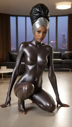 A modern futuristic living room interior design, futurism decor, pop art, seventies, science fiction, stunning and luxury, Modern futuristic living room with stunning luxury interior design, futurism decor. Sleek and sophisticated ambiance, combining cutting-edge design and comfort for a truly unique living space, tall and slender arfican woman from Sudan, pubic hair, (on all fours:1.7), naked, Small Ray ban sunglasses, perfect breasts, (deep black skin), turban, Full silver latex catsuit, crotchless, bare vagina, bare ass, high heels, high-quality cinematic composition, perfect perspective and depth of field, sharp focus on the woman, realistic motion and fabric detail, professional studio lighting setup, shot with Canon EOS R5, 85mm f/1.4 lens, ISO 100, aperture f/2.8, masterpiece-level realism, 8K ultra high-resolution photography, fine art aesthetic, natural colors, no distortion, no blur, ((perfect anatomy:1.6)), lifelike expressions, detailed reflections and realistic shadows, professional editorial photography style, 8k wallpaper, intricate, highly detailed, insanely detailed, best lighting, perfect illumination, (best illumination), (best shadow, best shadows)