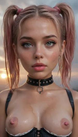 Arms tied, leather straps, pink nipples, pink hair, white eyes, tight corset, pig tails, close up, soaked small dress, sky, white and pink, cock on lips, bimbo lips, fake eyelashes, in clouds, sun, fantasy, collar, wet hair, extreme detail, young face, small, exposed tits, youthful, holding hair, round breasts, perky tits, lots of makeup, fit ass, round ass, tight dress, pierced nipples, wet, soaked, rain, storm, high skirt, short uniform, freckles, face detail, cum, cock, heavy makeup, makeup running, wet makeup