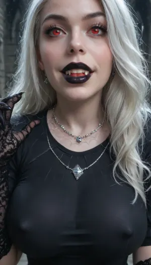 A 25-year-old girl, a glass of wine in her hand, (long hair:1), (white hair:2), (perfect body proportions), (narrow waist), (pale skin, skin whiteness:1.5), (huge breasts:1), ((bright red eyes), (calm, thoughtful face, (long smile:1), (vampire fangs), (sharp facial features:1.2), (narrow face:1.2), thick lips, black lipstick, (wide jaw), wide cheekbones, (long black lace gloves), (long black dress:1), (tight dress:2), (deep neckline:2), (erect nipples), (diamond necklace like a spider web), (fair skin), (in a dark castle), (dark:1.5), close-up))