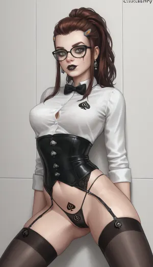 Brigitte Lindholm, glamorous goth makeup, black lipstick, slim body, tiny-waist, pointy breasts, posing sexy, ((black waist cincher, spades branded thong, black stockings, secretary glasses, strict glasses)), garterbelt, garters, legs apart, white wall, white painted wall, clean wall, plain wall, clear wall