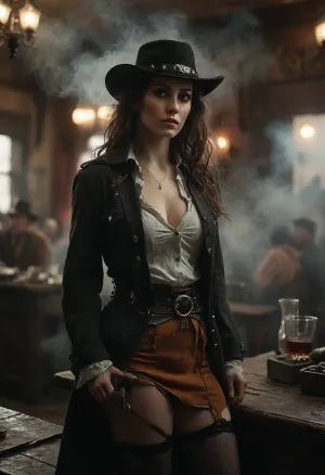 Monochrome, Wild West 1790, portrait of a super sexy athletic and flat-chested gunslinger stands drunk in a saloon, she wears a long brown coat, underneath a white cotton rough men's shirt with buttons, a beige miniskirt, (black fishnet stockings:1.4), cowboy boots, a cartridge belt with a pistol holder around her waist, her dusty black hat is pulled low over her face, perfect face, perfect hands, dangerous aura, leaning tipsy against the polished wooden bar of a smoky frontier saloon, (whiskey glass in one hand:1.3), warm golden lamplight, card tables and piano in the background, cowboys and gamblers glancing her way. Sawdust on the floor, haze of cigar smoke in the air, filled with dust and smoke, emphasizing a cinematic, dystopian cowboy atmosphere, art Style & Technique is a dirty old style, Ultra-realistic digital painting with cinematic depth of field. Highly detailed texturing on leather, skin, and hair, dramatic contrast lighting and warm dusty tones, a sharp foreground focus and a slightly blurred background to create depth, masterpiece, best quality, ultra-detailed, cinematic lighting, wild west, smoking weed, cannabis, Ultra-realistic Western art, highly detailed, cinematic moody lighting, tense but charismatic atmosphere., crowd, of, people, FRESHIDEAS, Real, Photography, 2#, Black, and, white, art, black, shading, charcoal, toned, brutal, dark, b/w, color, scheme, from, below, shoes, delicate, detailed, eyes, <lora:FRESHIDEAS Real Photography 2#:.8>, <lora:crowd_notrigger:.8>, <lora:MJ52:.8>, <lora:Black and white art.V1:1.9>, <lora:underanglexl16:1.9>
