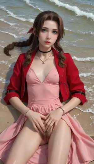 (Masterpice), (HD4K visual), (detailed background), 4K ultra-detailed image, HDR, enhancement, professional photography, precise anatomy, (perfect symmetry, 5 fingers per hand), realistic textures, maximum resolution, sharp focus, NSFW, picture, Aerith Gainsborough from Final Fantasy VII wearing a, ((long pink dress)), exhausted expression, athletic body, black and a short red jacket, hairy pussy, small breasts, perky pointed nipples, wet clothes, laying down, legs spread, washed up on shore, wide shot, on a beach, waves in backgrownd, sunny, day time, sun beaming down, incase, style, ratatatat74, defaerith, braided, ponytail, hair, bow, pink, choker, necklace, cropped, jacket, red, short, sleeves, dress, long, altaerith, very, ribbons, drill, star, ballgown, bare, shoulders, strapless, plunging, neckline, <lora:287175_training_data:1.4>, <lora:ratatatat74-000050:1.4>, <lora:aerith-xl-nvwls-v1:1>, <lora:add-detail-xl:2>