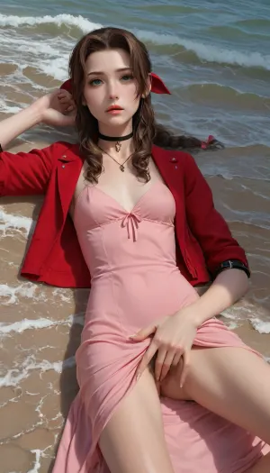 (Masterpice), (HD4K visual), (detailed background), 4K ultra-detailed image, HDR, enhancement, professional photography, precise anatomy, (perfect symmetry, 5 fingers per hand), realistic textures, maximum resolution, sharp focus, NSFW, picture, Aerith Gainsborough from Final Fantasy VII wearing a, ((long pink dress)), exhausted expression, athletic body, black and a short red jacket, hairy pussy, small breasts, perky pointed nipples, wet clothes, laying down, legs spread, fingering herself, washed up on shore, wide shot, on a beach, waves in backgrownd, sunny, day time, sun beaming down, incase, style, ratatatat74, defaerith, braided, ponytail, hair, bow, pink, choker, necklace, cropped, jacket, red, short, sleeves, dress, long, altaerith, very, ribbons, drill, star, ballgown, bare, shoulders, strapless, plunging, neckline, <lora:287175_training_data:1.4>, <lora:ratatatat74-000050:1.4>, <lora:aerith-xl-nvwls-v1:1.4>, <lora:add-detail-xl:2>