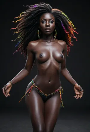 Black woman. Black woman. Dark skin. Ebony skin. Very dark skin. Black woman. Black girl. African American heritage. Dark as the night., (Black skin:1.7), . Full body render. Fuck me face. Long multi color hair. Rave girl dancing. Naked. Rainbow hair.
