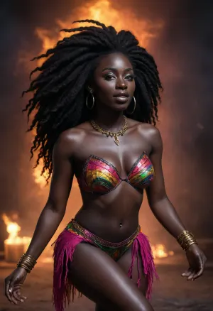 Black woman. Black woman. Dark skin. Ebony skin. Very dark skin. Black woman. Black girl. African American heritage. Dark as the night., (Black skin:1.7), . Full body render. Fuck me face. Long multi color hair. Rave girl dancing
