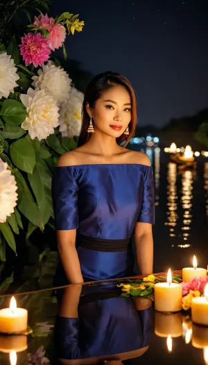 ((thai lady)), 35 years old, loy krathong, <lora:Midjourney Image Enhancer XL v1:.8>, <lora:attractive_notrigger:.4>, <lora:Rawfully Stylish v0.2_epoch_20:.2>, L0y, Kr4th0ng, F3st1v4l, oil, painting, river, candles, flowers, glow, <lora:Loy_Krathong_Festival:.8>