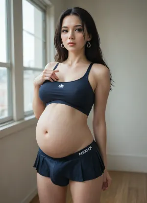 phoography, realistic, pregnant futanari, korean, beauty, goth, massive cock bulge, soft cock, sheat, fully tits, mommy hangers, milky tits, big torpedoo tits, straight hair, black hair, long hair, sunlight through window, erect cock, one piece swimsuit, cock under swimsuit, tits covered by swimsuit, tits bulge, cock bulge, fully covered, no nudity, no visible tits, no visible cock, huge cock bulge in swimsuit, futa_overflow, skirt, cloth, bulge, phpose, MILF, big round pregnant belly with outie belly button completely covered by tight one piece swimsuit