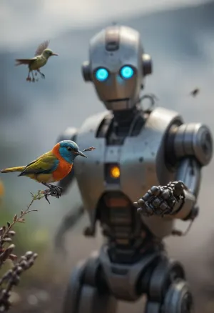 very strong close-up with shallow depth of field of a colorful Bird fed with seeds from outstretched robot hand in foreground, (background filled with a blurred robot face observes the bird on the hand:1.4), cloudy, smoke, atmospheric, clouds, fog, TIE, fighter, <lora:Simon_Stalenhag_LFTL_SDXL:1.7>, <lora:Cloudy_Style:.8>, <lora:TIE fighter:.8>, <lora:[XL]focus:1.5>