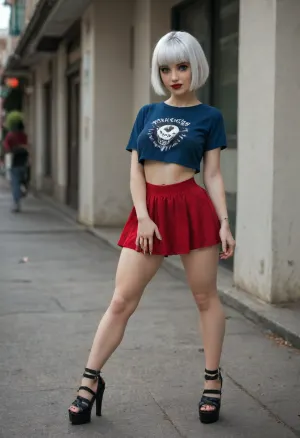 Emo girl, girl 25 years old, silver hair, (bob cut with bangs:1.5), smile, Blue eyes, goth girl, goth makeup, red lipstick, cat eye makeup, smudged makeup, erect nipples, blue shirt, red skirt, black platform high heels