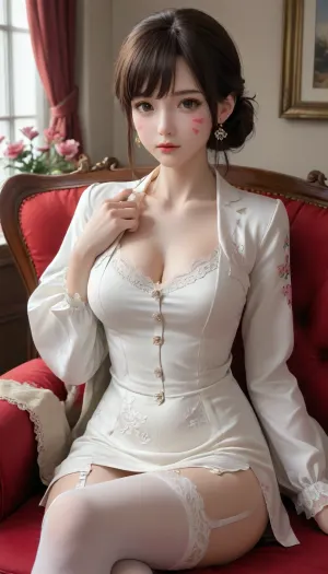 The image is an illustration of a woman, 1Girl, age 25 year old, 4k epic detail, beautiful_eyes, long_hair, uncensored, blush, collarbone, big_breast, look_at_viwer, D.Va, 1girl, solo, thighhighs, blue_eyes, garter_straps, breasts, looking_at_viewer, white_thighhighs, flower, side_slit, closed_mouth, hair_ornament, cuffs, jewelry, long_sleeves, earrings, cowboy_shot, floral_print, white_jacket, lips, hair_bun, large_breasts, jacket, dress, thighs, shirt, skirt, white_dress, chain, single_hair_bun, braid, collared_shirt, sitting, crossed_legs, white_shirt, mole, lace_trim, bangs, parted_bangs, lace-trimmed_legwear, cleavage, v, breasts_out