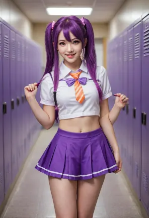 (masterpiece, best quality, high resolution, photorealistic, cinematic lighting), 1 woman, an anime character come to life, cosplay, perfect skin, (standing and posing), very cute, excited smiling face, (bright purple hair), long hair, (twin tails hairstyle), twin-drills, hair ornaments, skinny, short waist, petite, (anime inspired clothes), (beside a row of school lockers in a hallway), (well lit, school)