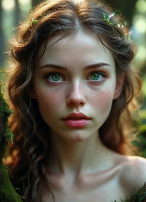 Beautiful Slavic woman, symmetrical face, high cheekbones, pale skin with light freckles, full natural pink lips, large almond-shaped green eyes, long dark chestnut hair with soft waves, seated on an ancient throne made of moss-covered tree roots in a misty forest. She looks directly at the viewer with a subtle playful smirk — mysterious, alluring, slightly unsettling. Sharp facial details, hyperrealistic skin texture, cinematic lighting, shallow depth of field, 85mm portrait lens, deformed face, extra limbs, cartoon, anime, illustration, ral-elctryzt, bioluminescent, glowing, <lora:MJ52:.8>, <lora:ral-elctryzt-sdxl:1.4>, <lora:277457_training_data:.8>