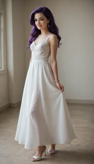 realistic portrait, Rarity from Equestria Girls, long shiny purple hair with a gradient to lavender, big expressive blue eyes, gentle smile, fair skin, natural makeup with eye emphasis, elegant white dress with lace inserts, silver drop earrings, thin bracelets, low-heeled shoes, neutral light background, soft studio lighting, photorealism, 8K, depth of field, detailed fabric and hair textures.